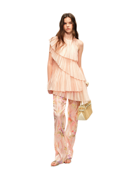 Glossy Pleated Floral Pants Set