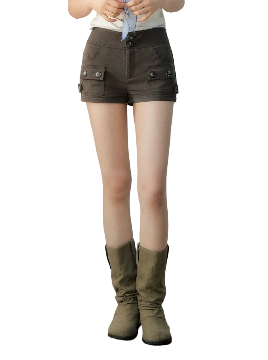 Vintage Brown Multi-Pocket Slim Shorts