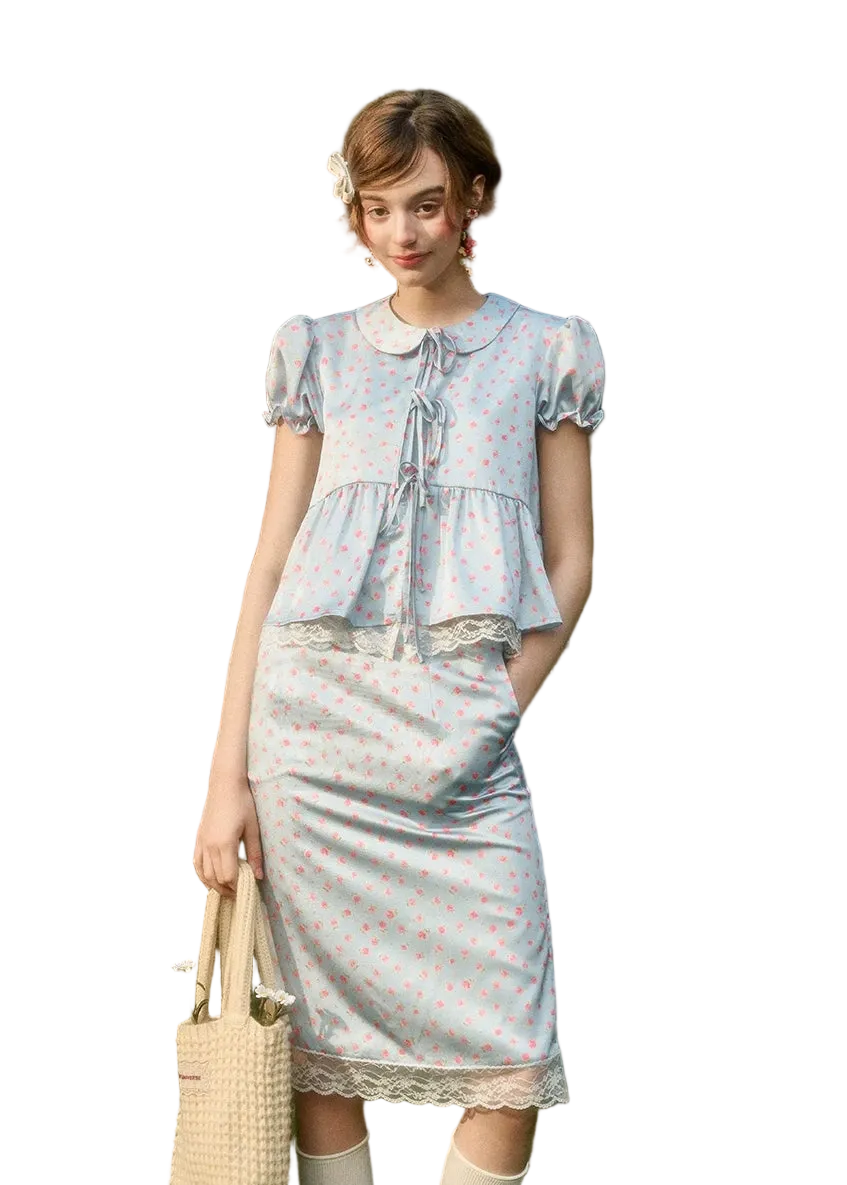 Soft Misty Blue Doll Collar Satin Floral Shirt