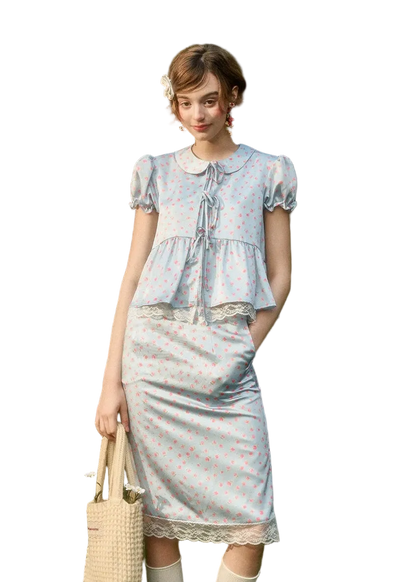 Soft Misty Blue Doll Collar Satin Floral Shirt