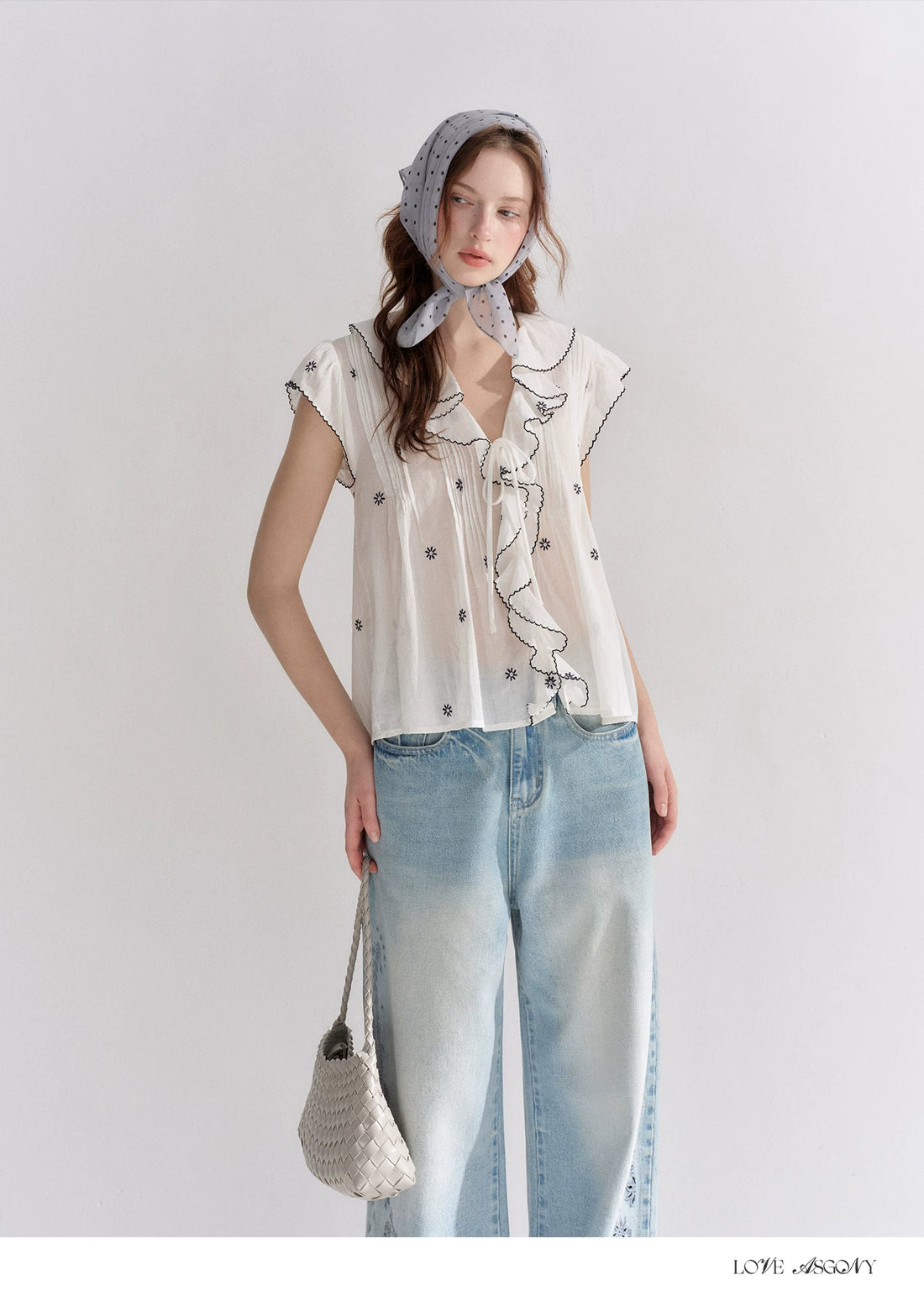 Cotton-Feel Embroidered Ruffle Sleeve Blouse