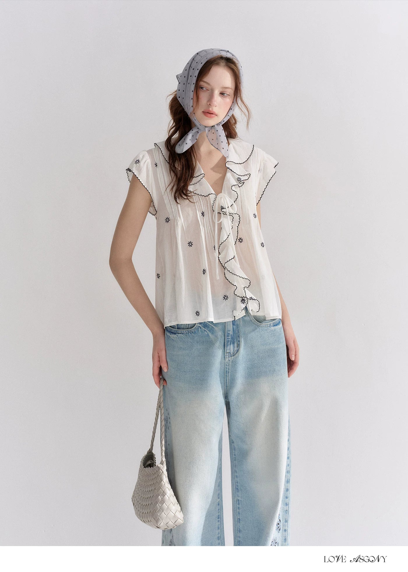 Cotton-Feel Embroidered Ruffle Sleeve Blouse