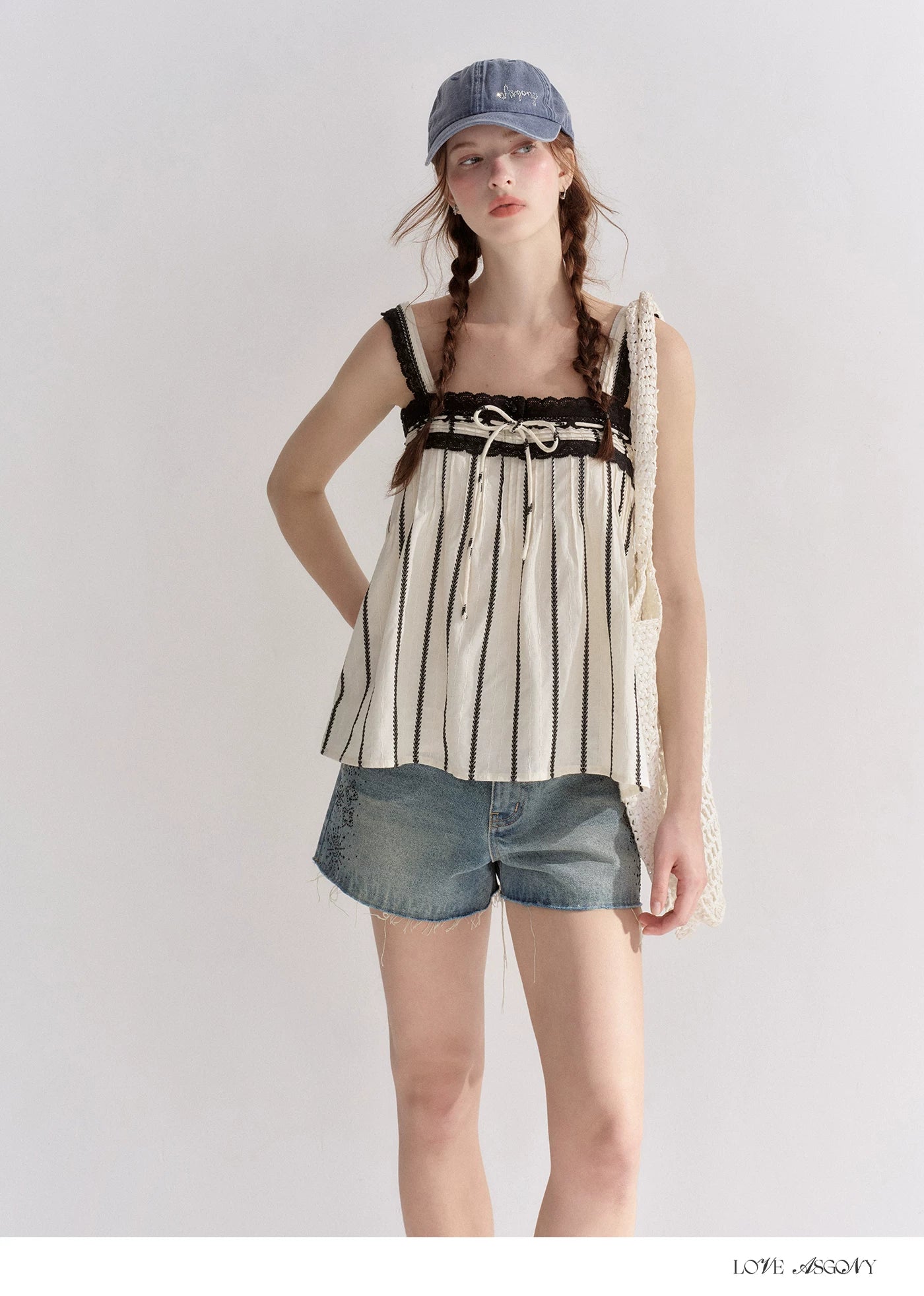 Striped Lace-Trim Tie-Front Camisole