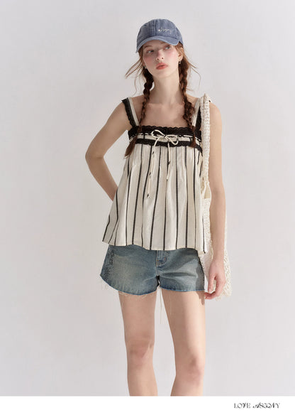 Striped Lace-Trim Tie-Front Camisole