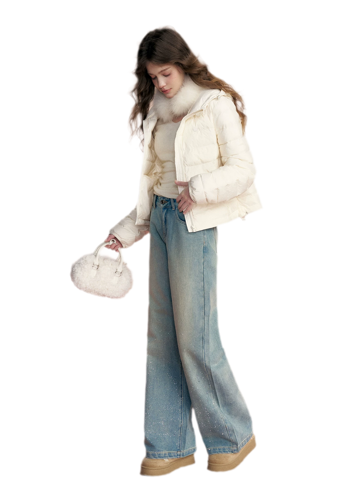 Embellished Fleece-Lined Wide-Leg Jeans