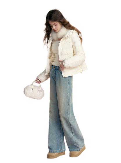 Embellished Fleece-Lined Wide-Leg Jeans