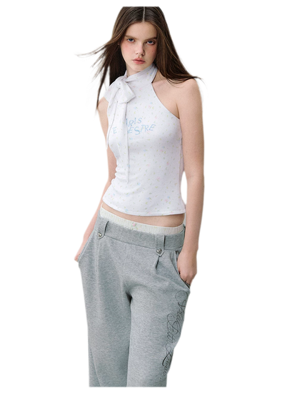 Printed Bow-Tie Halter Cropped Vest
