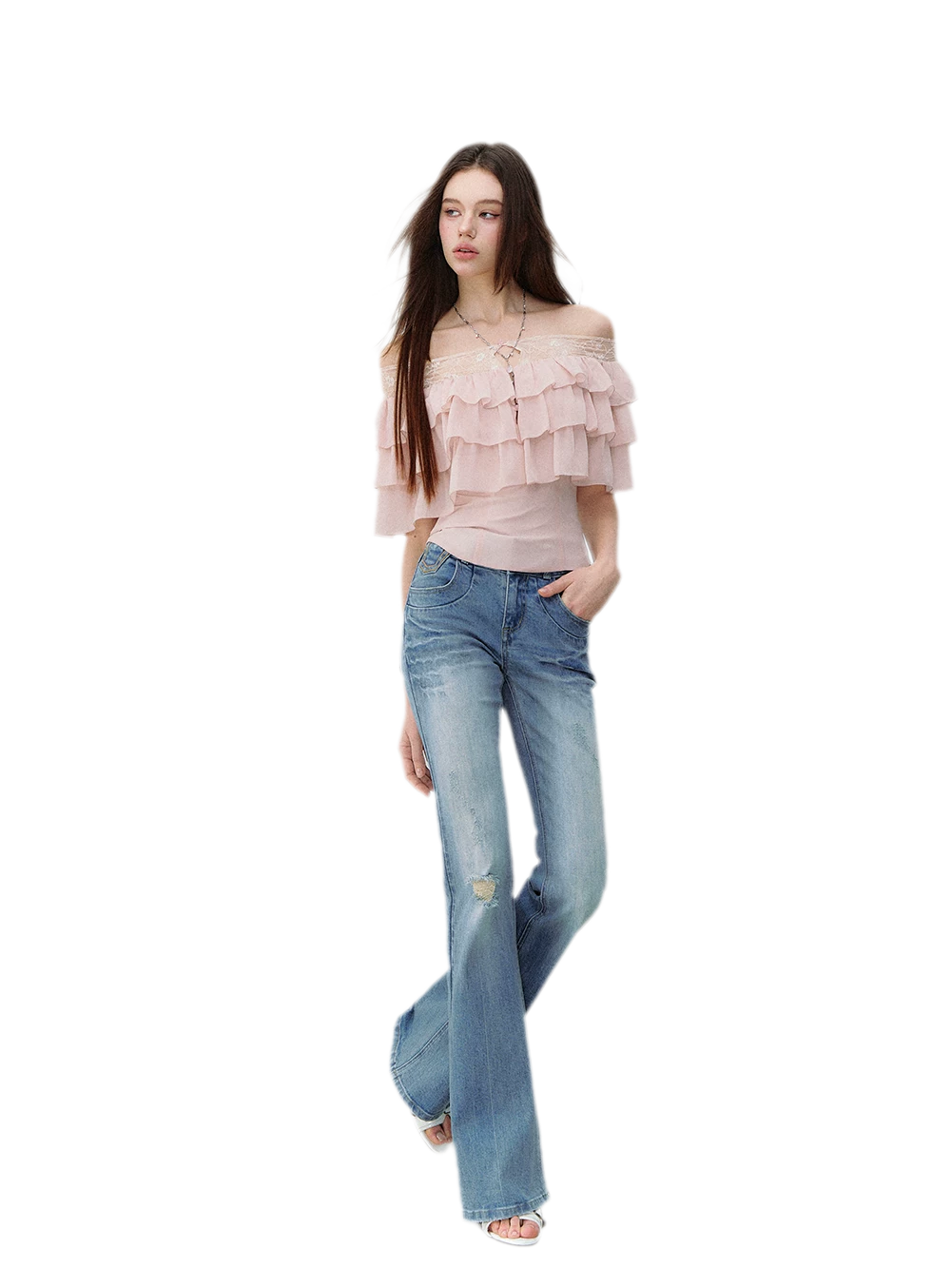 Layered Chiffon Lace Off-Shoulder T-Shirt