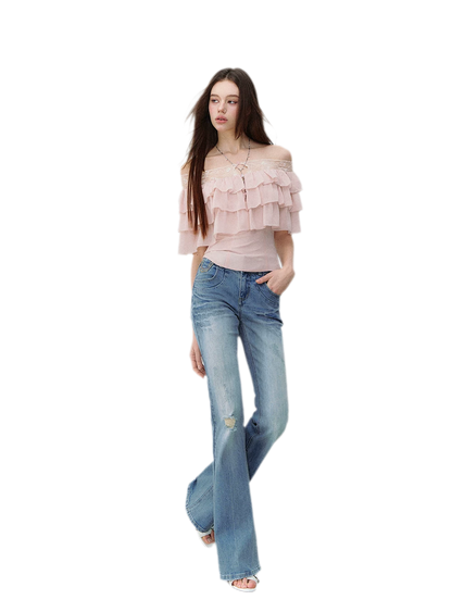 Layered Chiffon Lace Off-Shoulder T-Shirt
