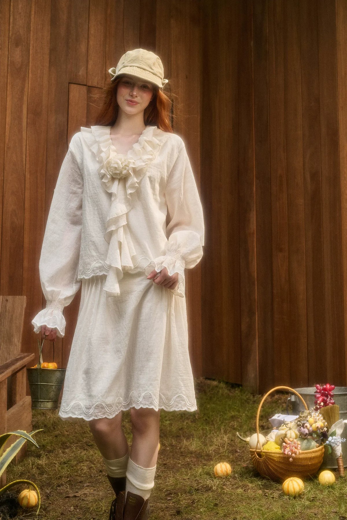 Embroidered Ruffle Blouse Skirt Set