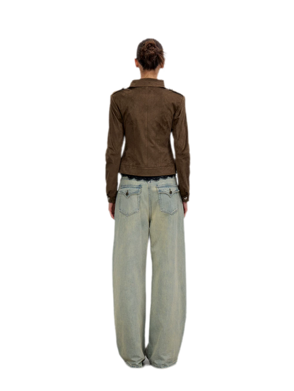 Suede-Effect Asymmetric Cropped Jacket