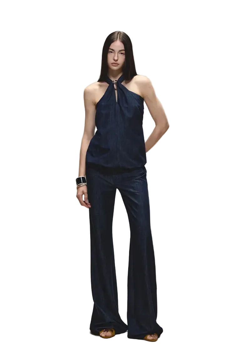 Tencel Denim Blue Hollow Halter Slim Flared Pants