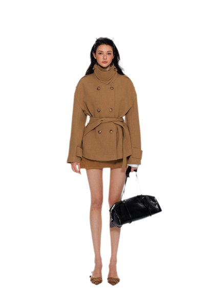 Wool Stand-Collar Belted Coat