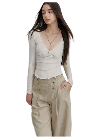 Textured Pleated Wide-Leg Pants