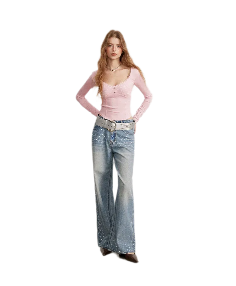 Rhinestone Pearl Wide-Leg Jeans