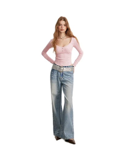 Rhinestone Pearl Wide-Leg Jeans