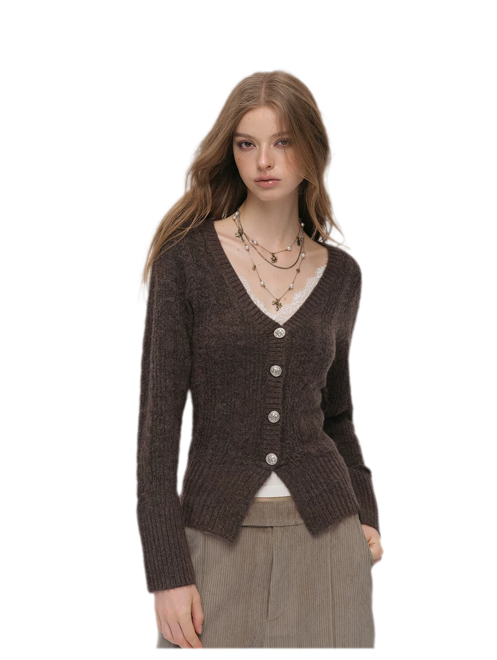 Brushed Cable-Knit Fitted Cardigan