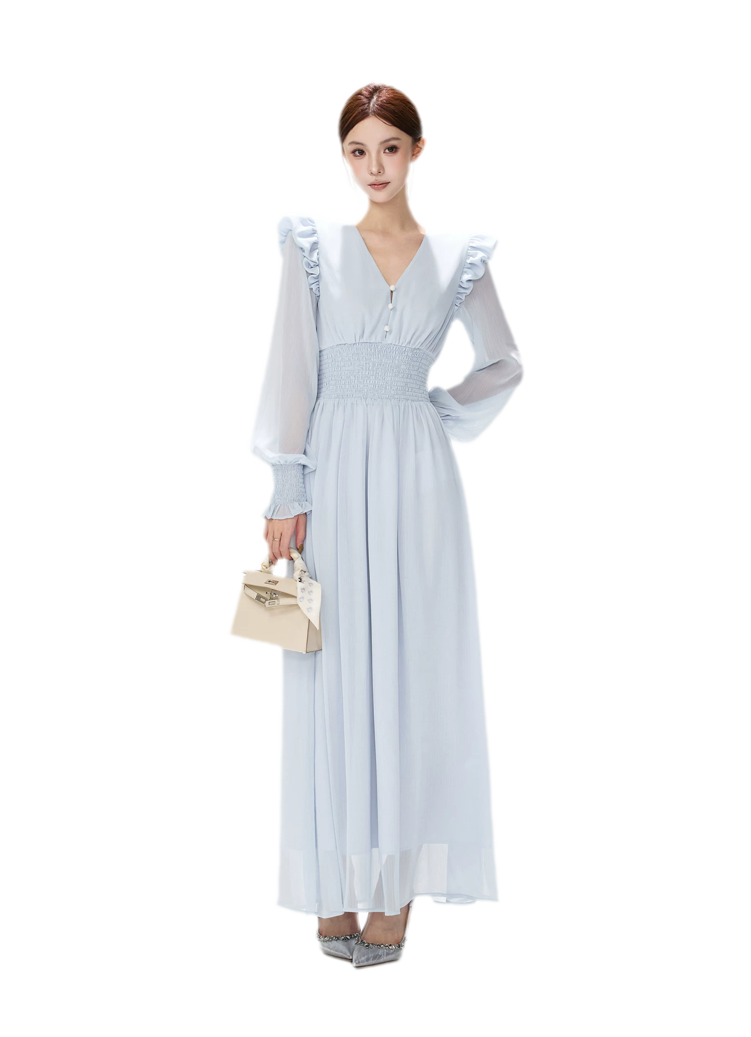Textured Ruffle V-Neck Dress
