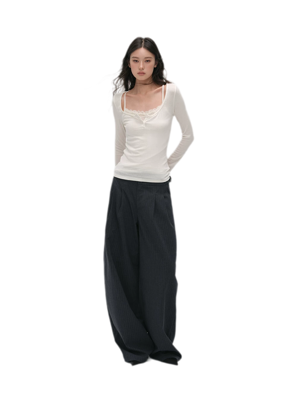 Pinstriped Pleated Wide-Leg Trousers