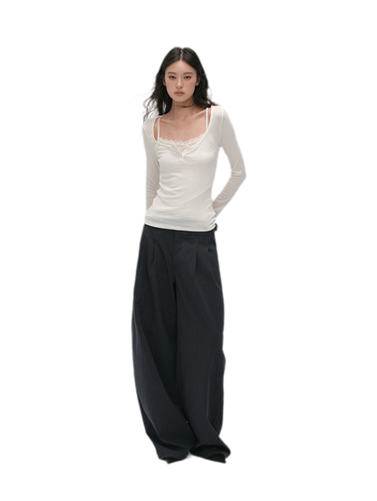 Pinstriped Pleated Wide-Leg Trousers