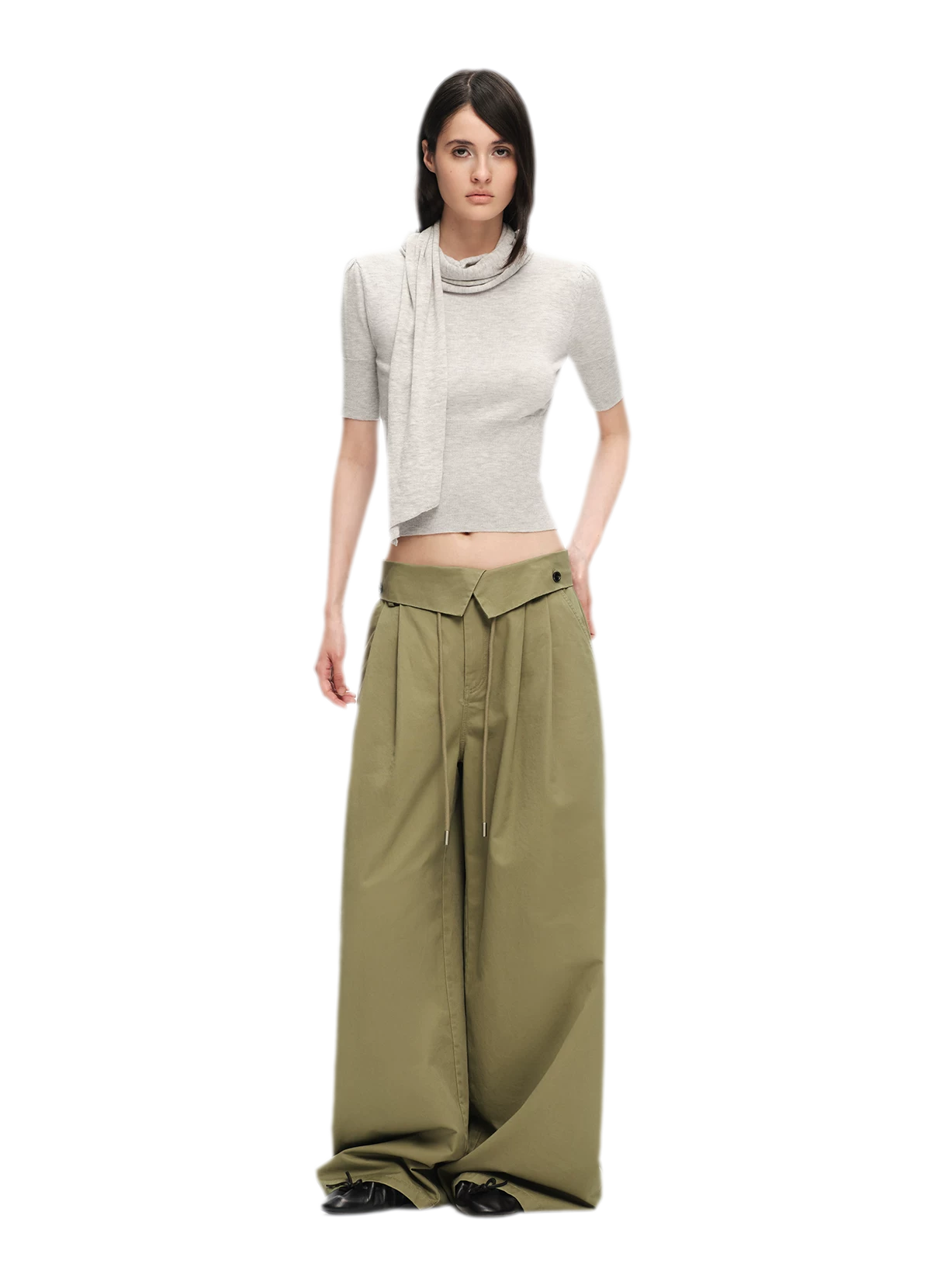 Washed Cross-Waistband Wide-Leg Pants