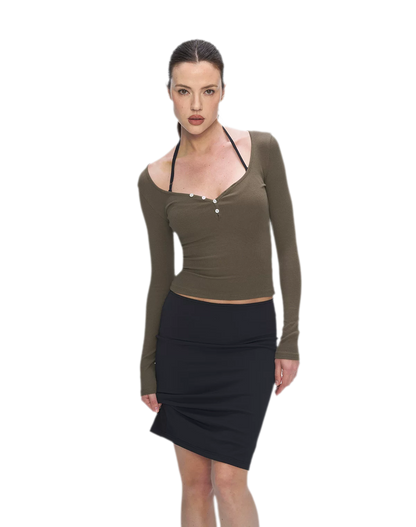 Ribbed V-Neck Button Top