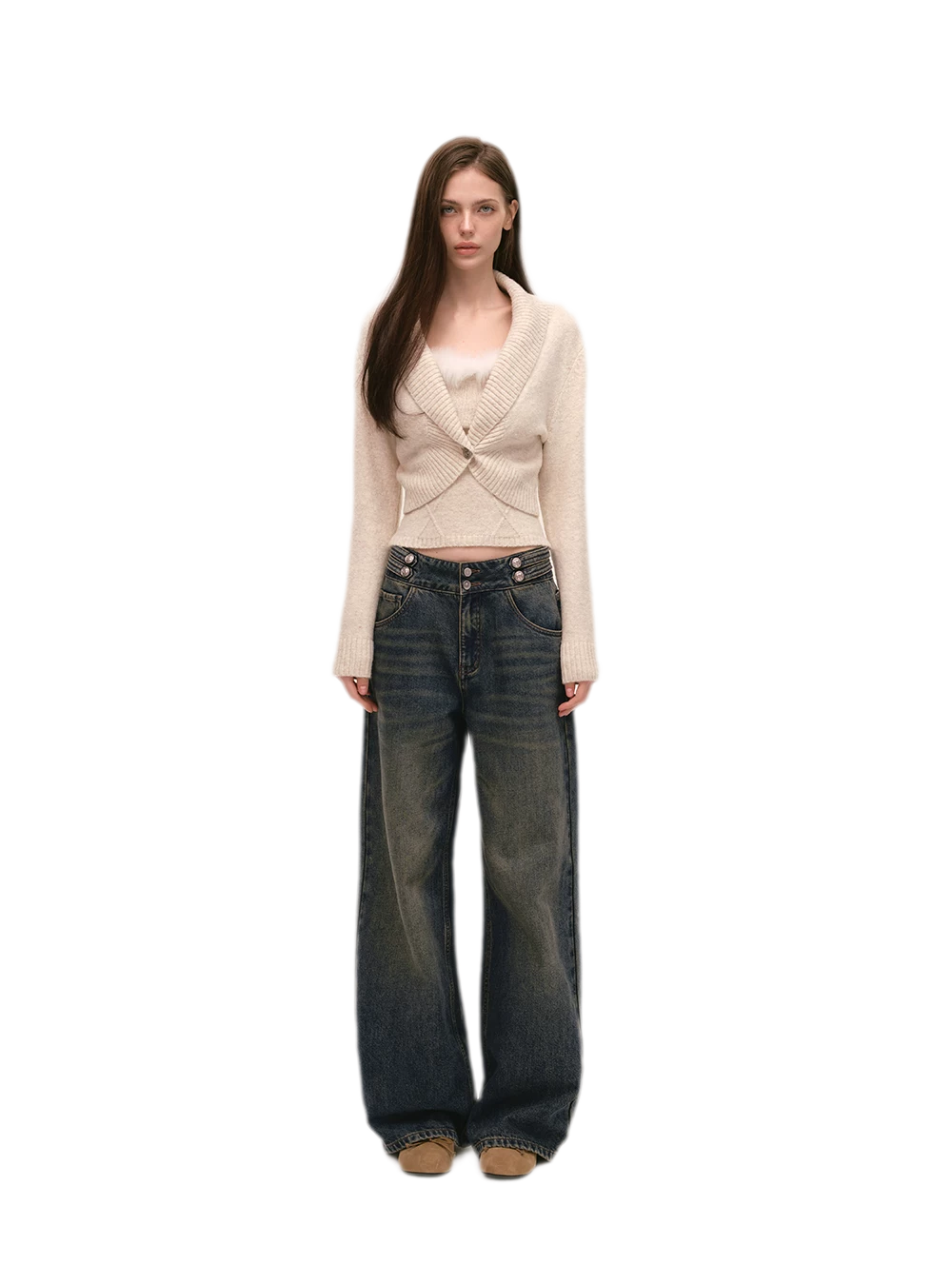 Quần jeans ống rộng giặt bạc chải xước