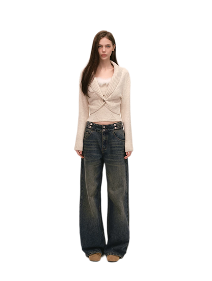 Quần jeans ống rộng giặt bạc chải xước