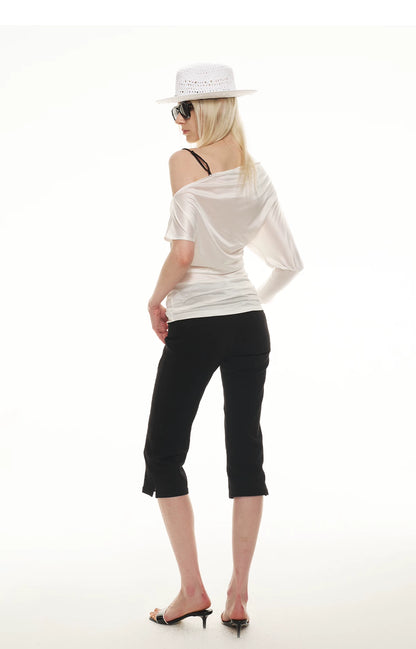Silky Satin Texture Asymmetric Off-Shoulder Lace Trim T-Shirt