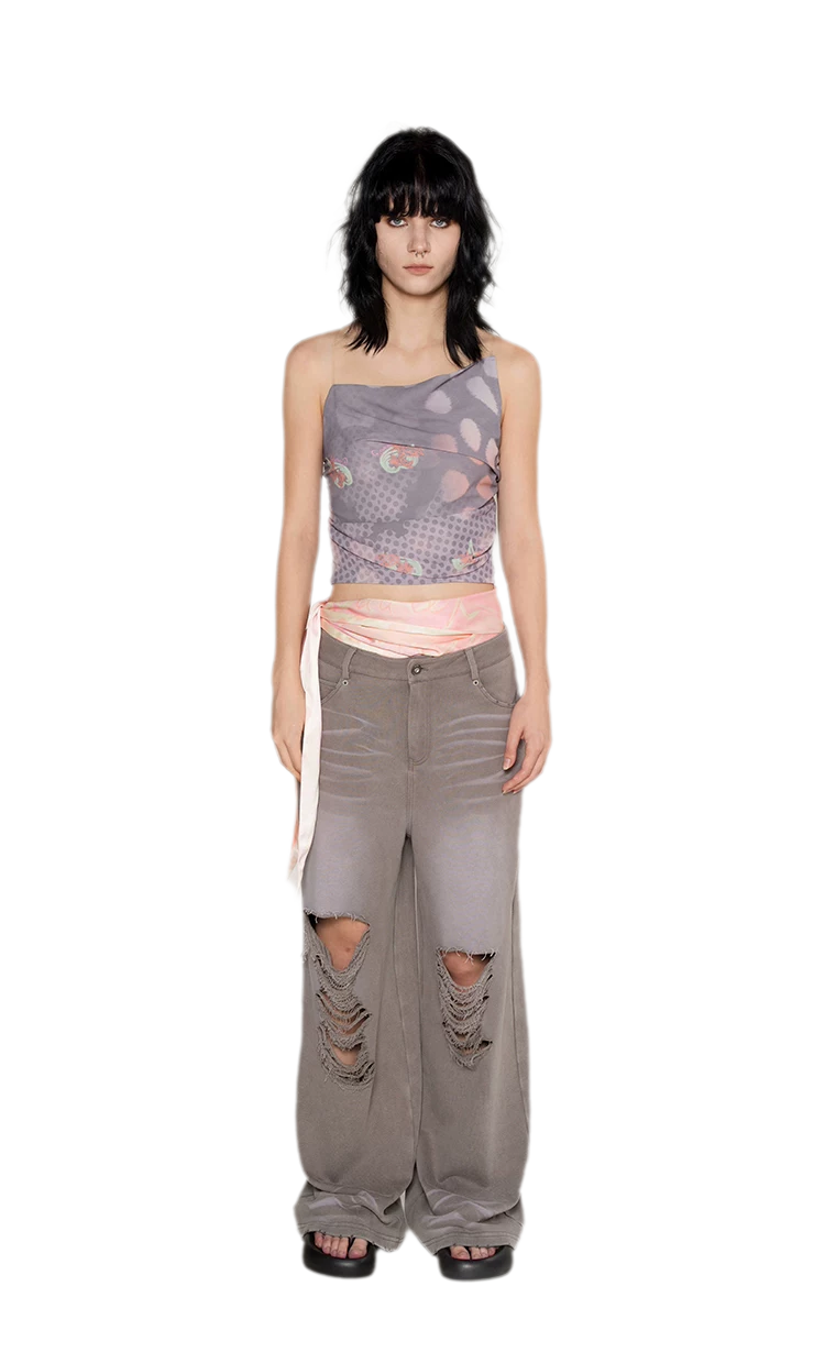 Washed Distressed Straight Pants