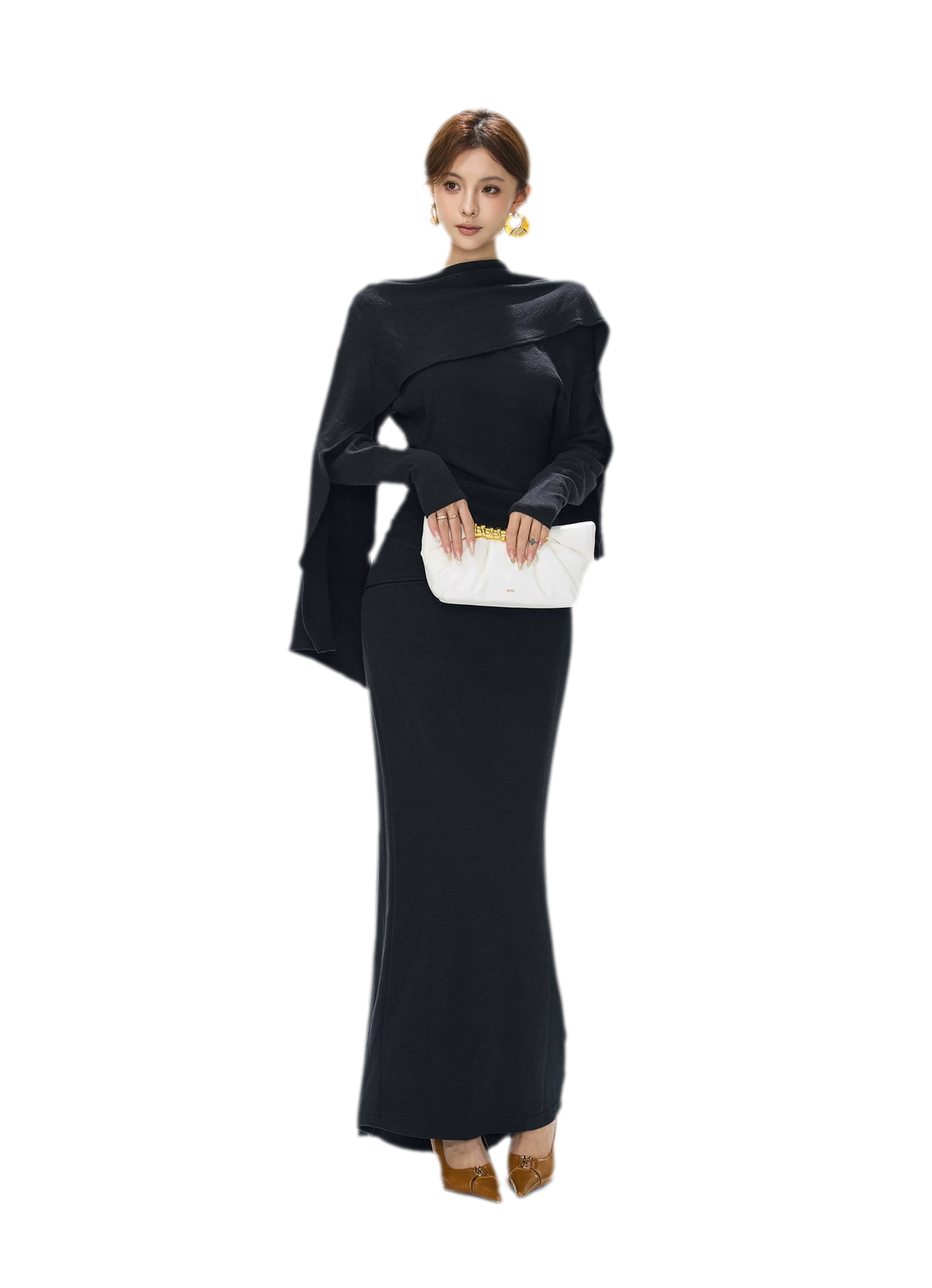 Textured Ruched Shawl Knit Set