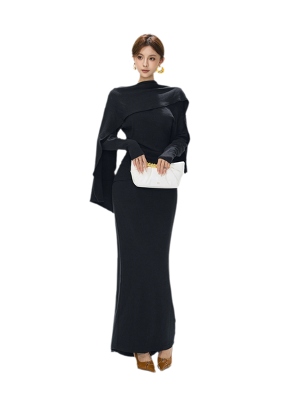 Textured Ruched Shawl Knit Set