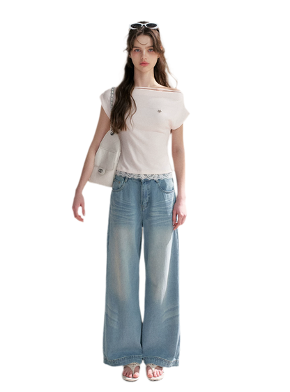 Lace Trim Asymmetric Short Sleeve T-Shirt