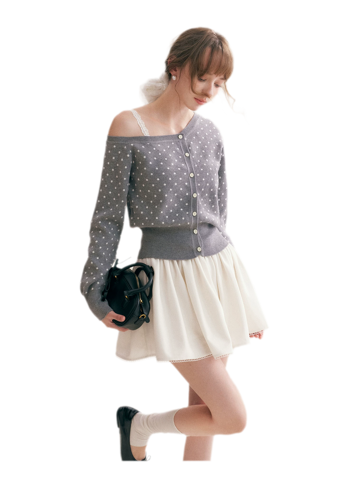 Polka Dot Slanted Shoulder Cardigan