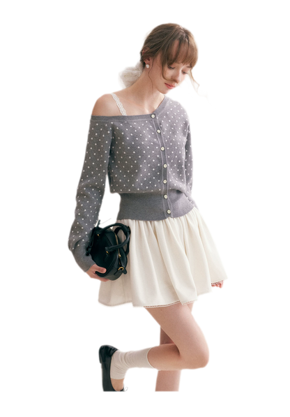 Polka Dot Slanted Shoulder Cardigan