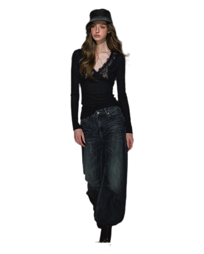Jeans ricamati a quadri effetto lavato