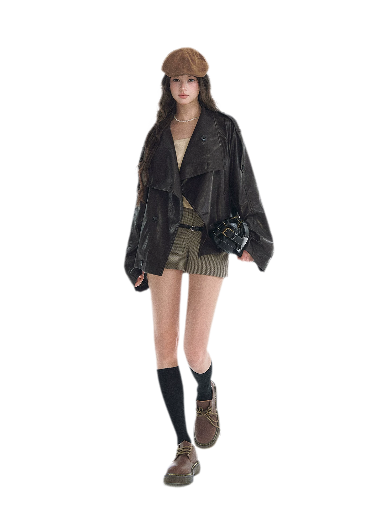 Faux-Leather Oversized Double-Breasted Jacket