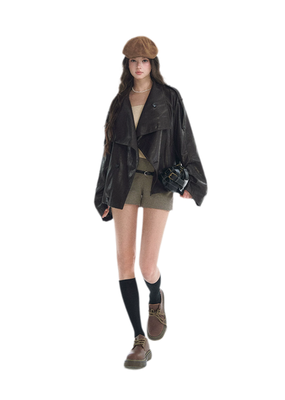 Faux-Leather Oversized Double-Breasted Jacket