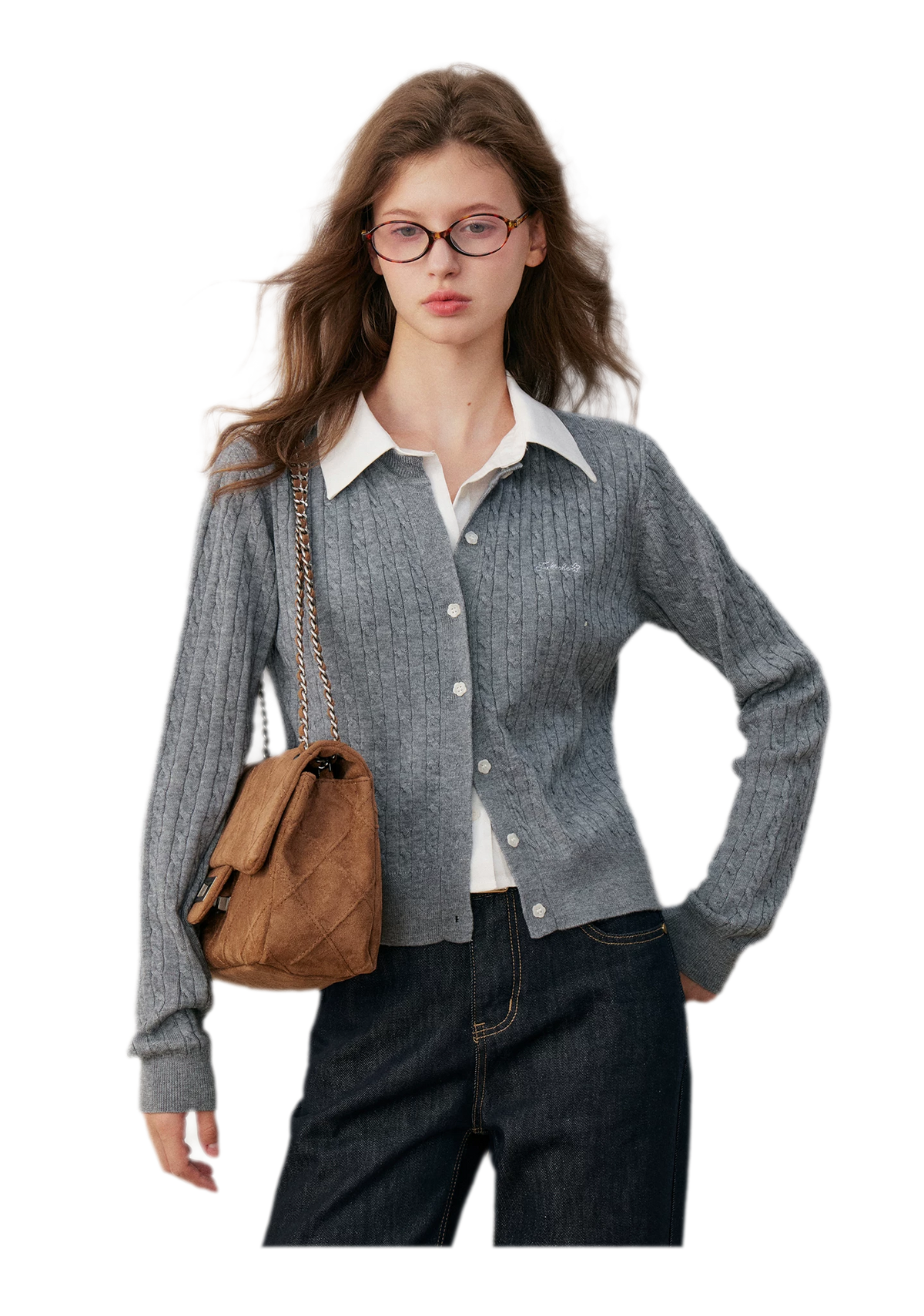 Cardigan en maille torsadée avec empiècement chemise