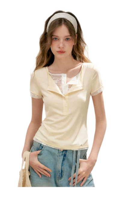 Double-Layer Collar Lace T-Shirt