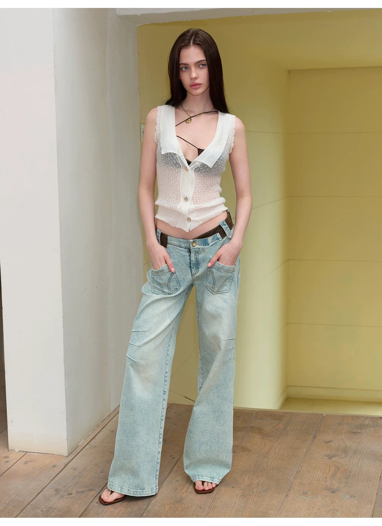 Vintage V-Waist Washed Blue Suede Patch Jeans