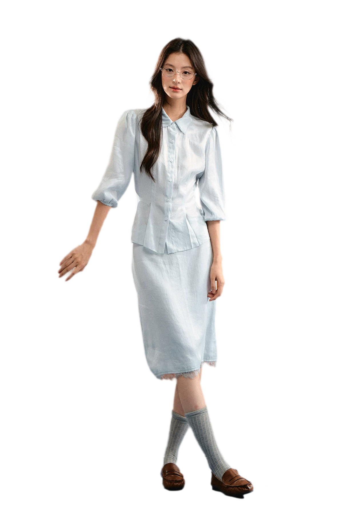 Linen Bubble Sleeve Top Skirt