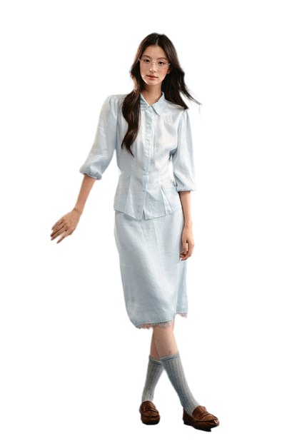 Linen Bubble Sleeve Top Skirt