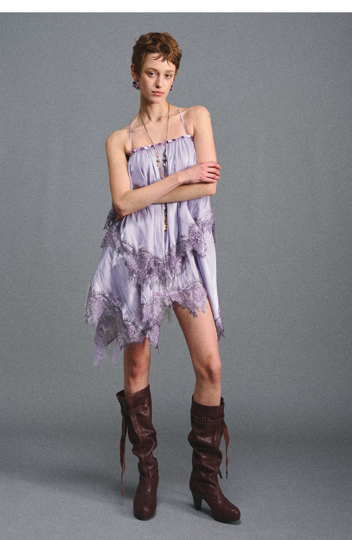 Lavender Galaxy Lace Satin Beaded Strap Dress
