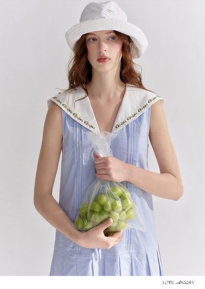 Embroidered Blue Striped Sailor Collar Pleated Dress
