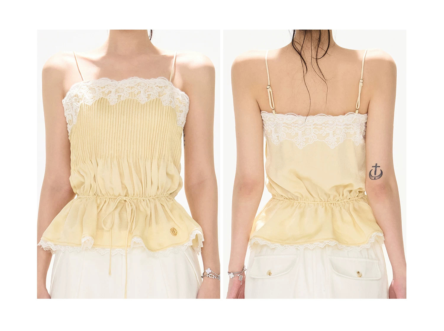 South France Holiday Lace Trim Waist-Cinched Camisole