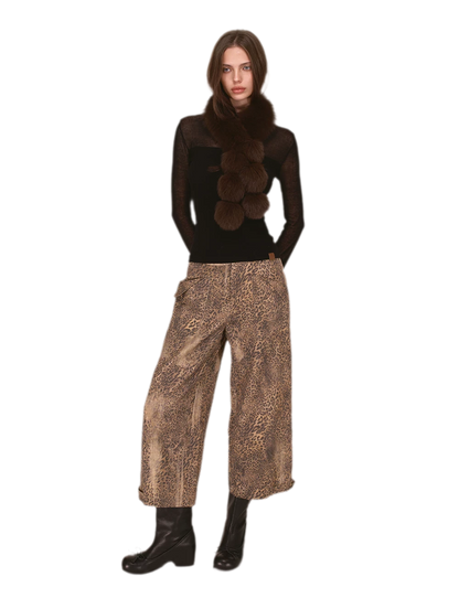 Distressed Leopard Wide-Leg Jeans