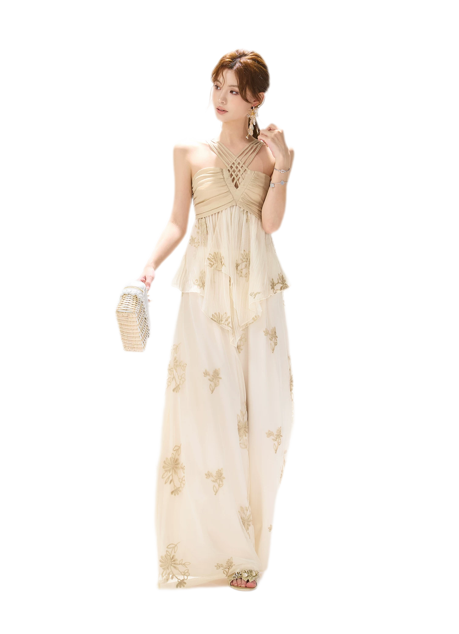 Embroidered Chiffon Halter Set