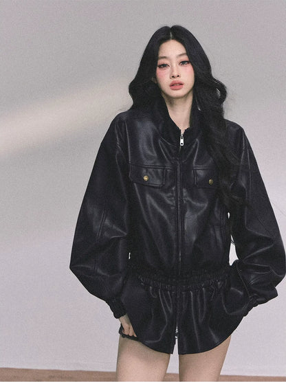 Faux Leather Stand Collar Jacket