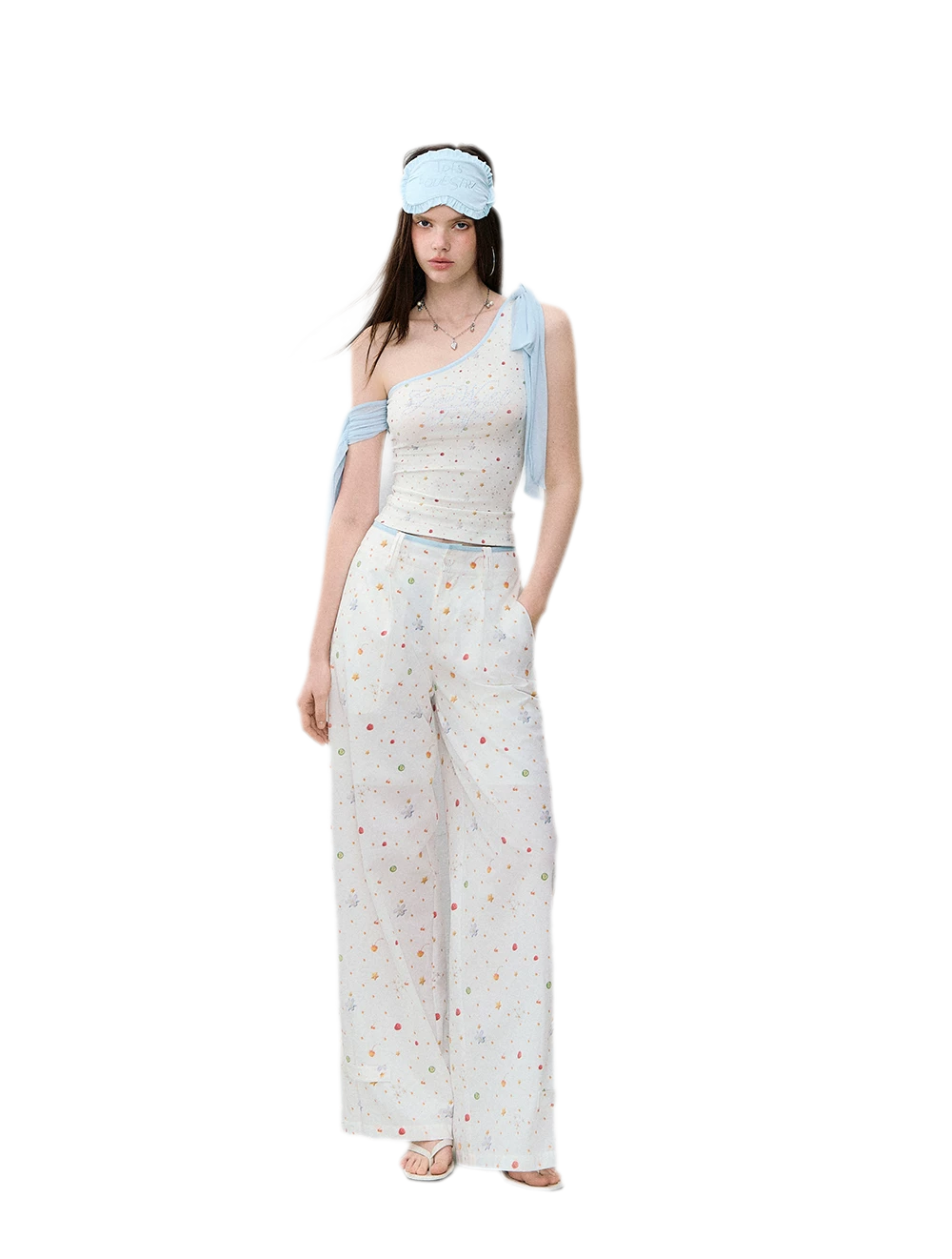 Printed Mesh One-Shoulder Tie Tank
